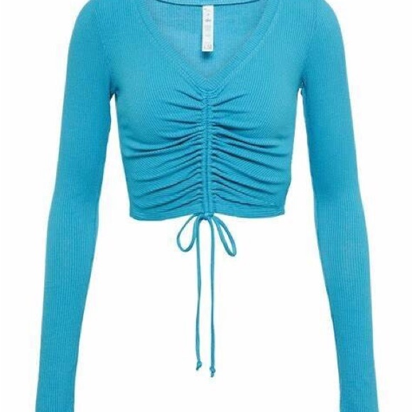 ALO Ribbed Cropped Cinch Long Sleeve in Blue Splash - Picture 2 of 5
